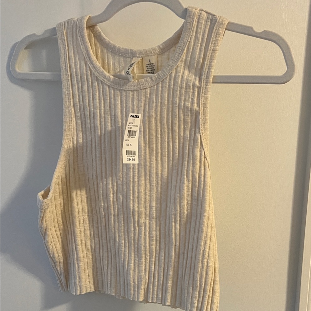 Cream Ribbed Sleeveless Crop Top